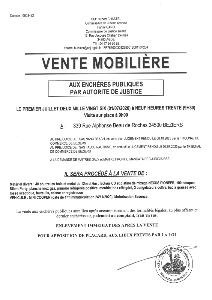 VENTE AUX ENCHERES MOBILIERE DU 01/07/2026 