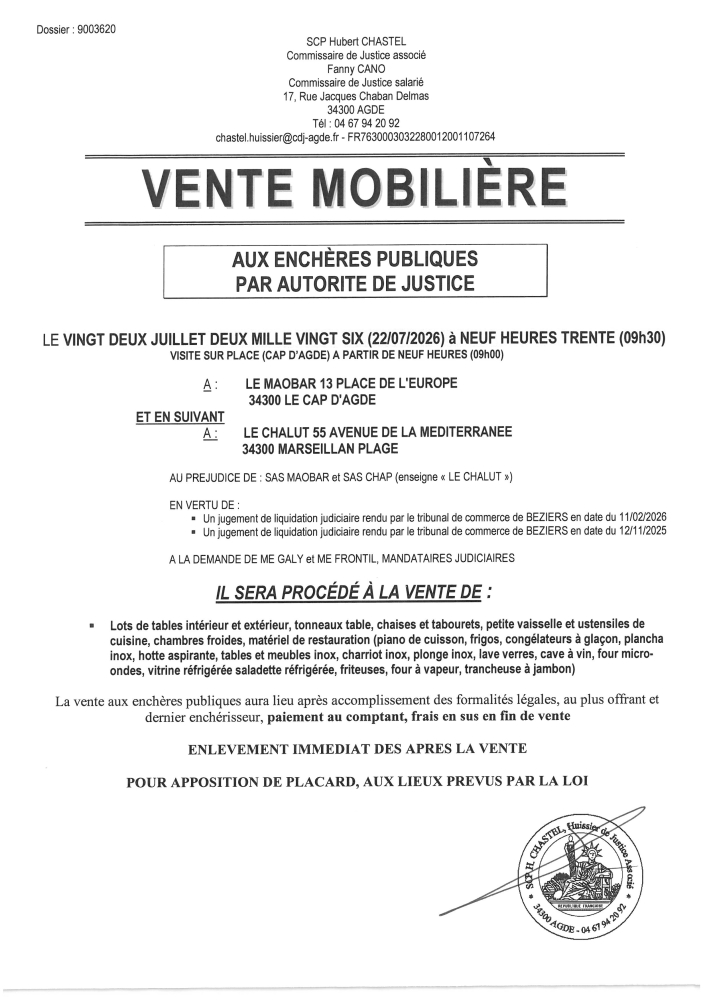 VENTE AUX ENCHERES MOBILIERE DU 22/07/2026
